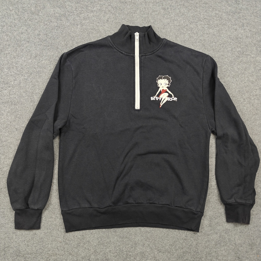 Betty Boop Sweatshirt Womens Large Black 1/4 Zip Pullover Graphic Fleece